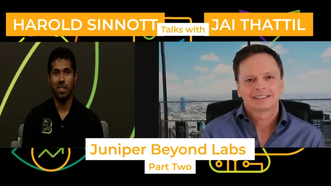 Harold Sinnott posted on @YouTube, Twitter @X, @LinkedIn, a #video interview with Jai Thattil, from Juniper Networks about Juniper Beyond Labs (logo) . Picture from the interview with Jai Thattil and Harold Sinnott. @JuniperNetworks @HaroldSinnott 