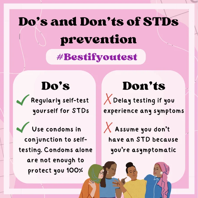 pink background with an empty square with white borders on top. At the top of the post, inside the rectangle, there is writing in black that reads: ‘Do’s and don’ts of STDs prevention’. Under it there is a white rectangle with writing in purple in it that reads ‘#Bestifyoutest’. Under it, there are 2 white rectangles with writing inside. Inside the one on the left, there is writing in black that reads: ‘Do’s / Regularly self-test yourself for STDs / Use condoms in conjunction to self-testing. Condoms alone are not enough to protect you 100%’. In the rectangle on the right, there is writing in black that reads: ‘Don’ts / Delay testing if you experience any symptoms / Assume you don’t have an STD because you’re asymptomatic’. At the bottom of the post, there are four people, 2 of which are wearing a hijab.’