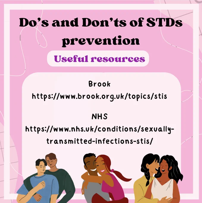 pink background with an empty square with white borders on top. At the top of the post, inside the rectangle, there is writing in black that reads: ‘Do’s and don’ts of STDs prevention’. Under it there is a white rectangle with writing in purple in it that reads ‘Useful resources’. Under it, there is a white rectangle with white writing in it that reads: ‘Brook https://www.brook.org.uk/topics/stis / NHS https://www.nhs.uk/conditions/sexually-transmitted-infections-stis/ ‘. At the bottom of the post, there are 3 couples hugging each other.