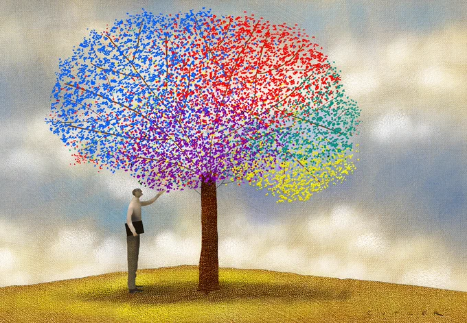 An illustration of a man standing under a tree reaching up to it with his left arm and holding a briefcase in his right arm. The leaves of the trees are colored blue, red, green, yellow, and purple.

Some psychiatrists argue that the degree of shared symptoms among various brain ailments shows that the same bit of biology could underlie most of humanity’s mental health problems—a common cause labeled the psychopathology factor, or p-factor. In principle, it could be a powerful tool to understand, diagnose, and help treat millions of people. 

Image credit: Dave Cutler (artist).