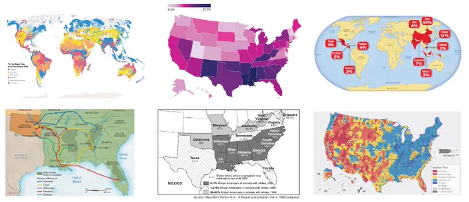A 3 by 2 array of maps displaying data in different ways. Two are US maps, two focus on the southern US, and two are world maps. 
