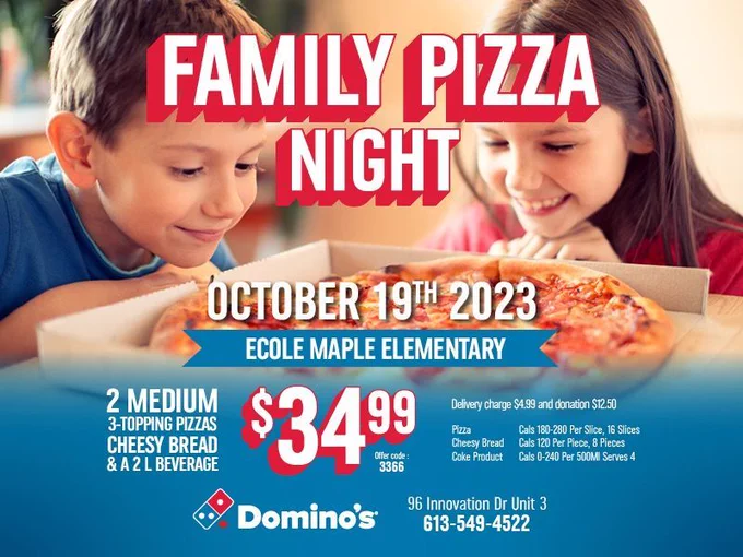 FAMILY PIZZA NIGHT OCTOBER 19th 2023 - ECOLE MAPLE ELEMENTARY. 2 Medium 3 topping pizzas, cheesy bread and a 2L beverage.There are two children looking excitedly at a box of pizza.