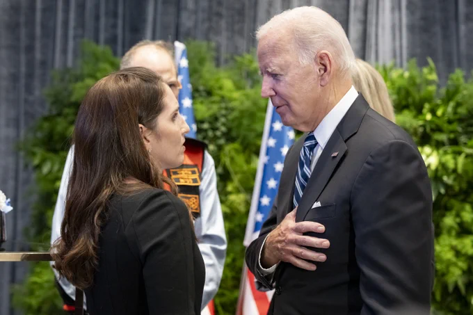 President Biden speaks with an event attendee in Tel Aviv, Israel.