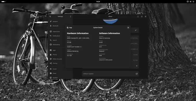 GNOME desktop with GNOME Control Center showing the system details. The operating system is Solus 4.4 Harmony, and the GNOME version is 45.0 on Wayland.