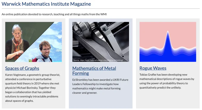 Warwick Mathematics Institute Magazine

An online publication devoted to research, teaching and all things maths from the WMI

Three new articles are now available.

Spaces of Graphs: Karen Vogtmann, a geometric group theorist, attended a conference in perturbative quantum field theory in 2019 where she met physicist Michael Borinsky. Together they began a collaboration that has yielded solutions to seemingly intractable problems about spaces of graphs.

Mathematics of Metal Forming: Ed Brambley has been awarded a UKRI Future Leaders Fellowship to investigate how mathematics might make metal forming cleaner and greener.

Rogue Waves: Tobias Grafke has been developing new mathematical descriptions of rogue waves by using the power of probability theory to quantitatively predict the unlikely.