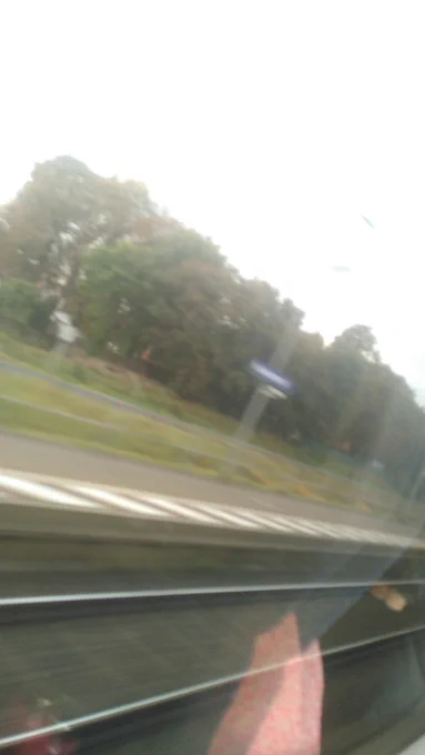 Verschwommenes Foto aus dem Zug von vorbeifahrender verregneter Landschaft 