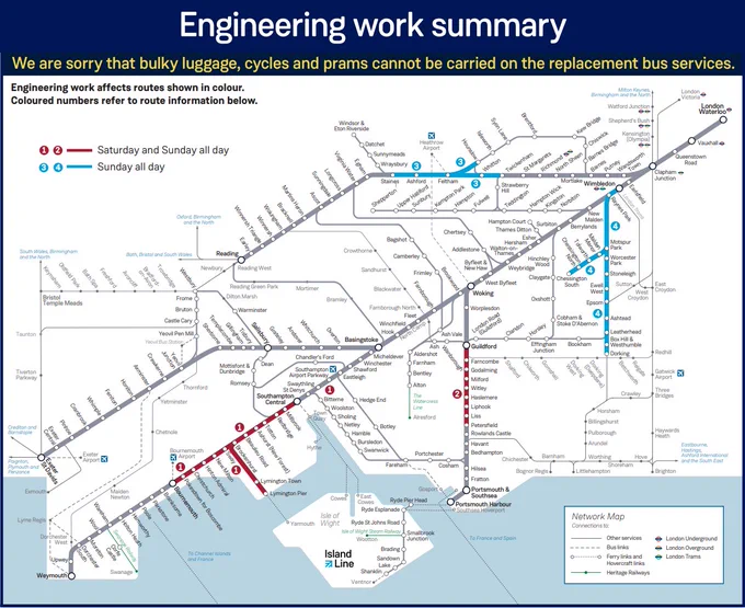 A map of the SWR network highlighting which areas will be affected by engineering works this weekend. 

The Brockenhurst, Feltham, Motspur Park and Epsom areas will be affected.