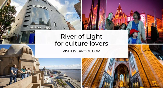 Four photos of FACT, River of Light, Royal Liver Building and Liverpool Cathedral.