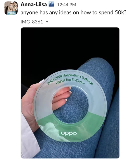 Anna-Liisa's post on Woola team Slack, asking: "anyone has any ideas on how to spend 50k?"