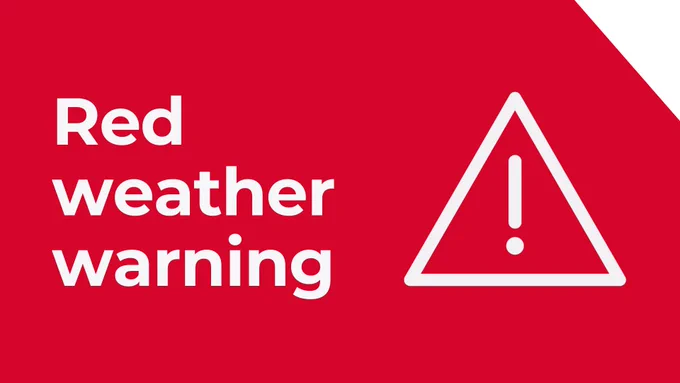 Warning icon. Caption: Red weather warning.