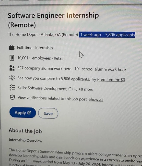 A screenshot of a job listing for a "Software Engineer Internship (Remote)" with The Home Depot in Atlanta, GA. The posting is from 1 week ago and has received 5,806 applicants. The position is full-time and an internship. Icons indicate the company has over 10,001 employees in the retail sector, 527 company alumni working there, and 191 school alumni working there. A section shows skills required including "Software Development, C  ,  8 more". Below, there are options to "Apply" or "Save" the job. A snippet from the "About the job" section mentions The Home Depot's Summer Internship program and its duration from May 13 to July 26, 2024.