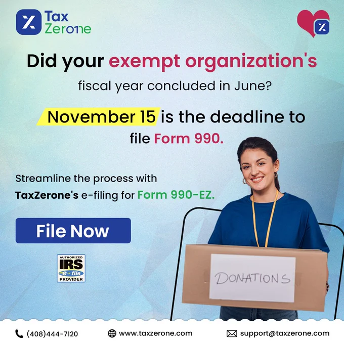 Attention all exempt organizations! Make your tax reporting hassle-free with TaxZerone's user-friendly e-filing for Form 990-EZ. Stay exempt and stress-free! E-file now. Visit www.taxzerone.com today or reach us at 408-444-7120 or support@taxzerone.com.

#taxzerone #form990 #990ez #form990ez #exempt #fileform990 #nonprofit #charity #taxexempt #taxfiling2023 #nonprofitcompliance #nonprofitmanagement 
