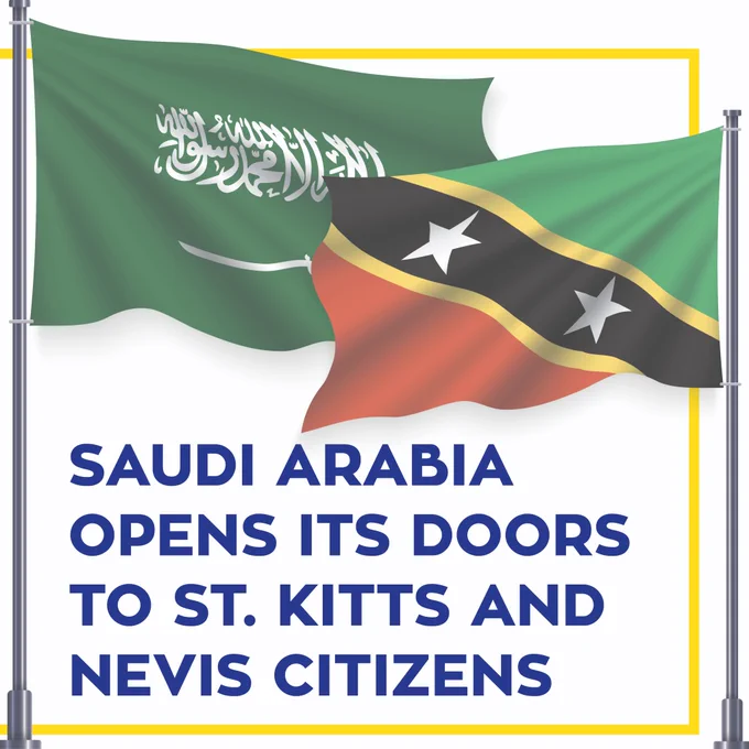 💼 #Business in #KSA? Family Reunion? #Umrah Journey? Saudi Arabia opens doors to #StKitts  #citizens! Apply for a #visa Online or on arrival. Your gateway to a world of possibilities is just a click away. Contact #Passpro to learn more. Link in Bio
#CitizenshipbyInvestment