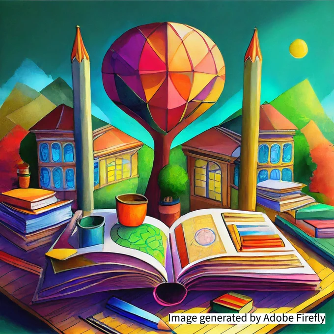Imaginative colourful illustration of learning in the real world - image generated by Adobe Firefly