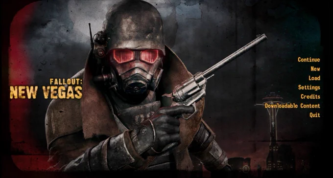 Pictured is the Fallout: New Vegas start screen with the NCR ranger combat armor in the foreground and the New Vegas skyline in the background under an ominous black clouded sky. 
