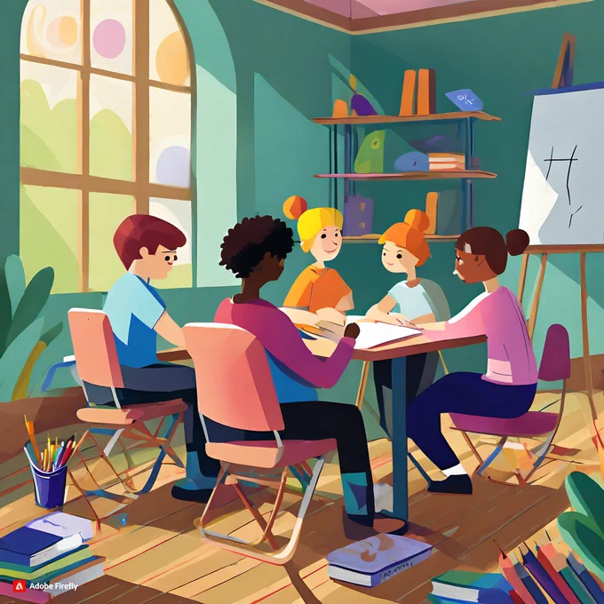 People sitting around a desk studying in a classroom environment 