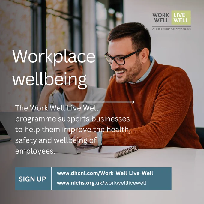 Image of man and woman working with added text 'Workplace wellbeing' 'The Work Well Live Well programme supports businesses to help them improve the health, safety and wellbeing of employees.' 