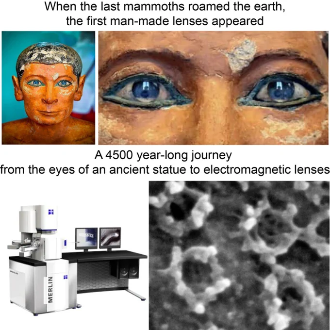 A journey from the polished quartz lenses in the eyes of an ancient Egyptian statue of a seated scribe, through the development of microscopes and towards modern electron microscopy. Recent advances in field emission scanning electron microscopy have made it possible to expose nuclei from human cells and to focus on individual nuclear pore complexes, comparing their architectural features.