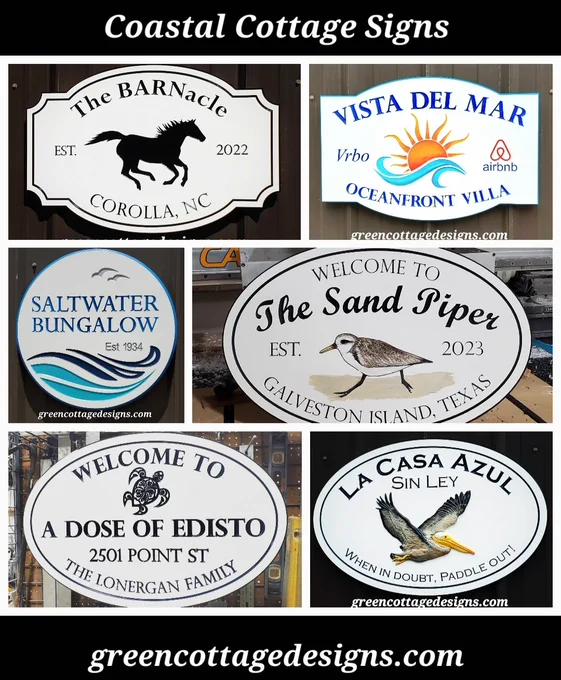 
greencottagedesigns.com

Many of our signs include "hand painted" designs!

PVC signs are ideal for the Beach, Islands, & Coastal climates!

Include your vacation rental identification number, location, vrbo, airbnb links and more!

Computer previews are provided for our customers to approve before any work is done on your sign!

Please inquire about International Shipping!

A USA Small Business!

Shop online at Etsy under the name green cottage design for more ideas & information!
