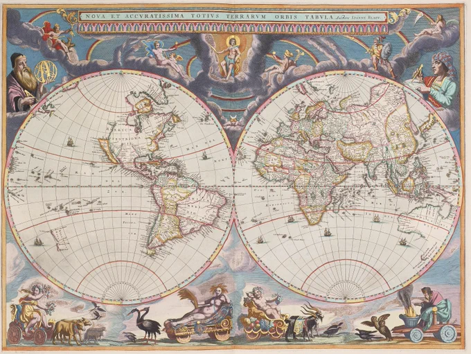 Blaeu's Double Hemisphere Map, Joan Blaeu, 1662
Hand-coloured engraving on paper with representations of the four seasons along the bottom: from left to right are Spring, Summer, Autumn and Winter. Portraits of Galileo, and Tycho Brahe (Joan Blaeu's father's teacher) adorn the corners, with several Classical deities appearing on clouds in between. California is shown as an island off the west coast of North America but the outline for the western portion of Australia is very accurate.