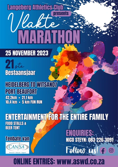 The Vlakte Marathon is a qualifier for the Two Oceans Marathon and Comrades Marathon. 