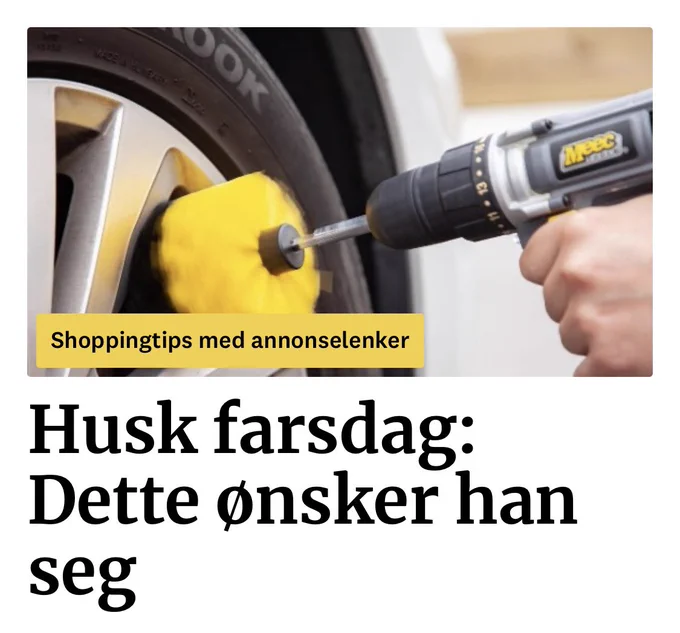 Sponset avisoverskrift med teksten «Husk farsdag: Dette ønsker han seg» og bilde av utstyr for å vaske bilfelger.