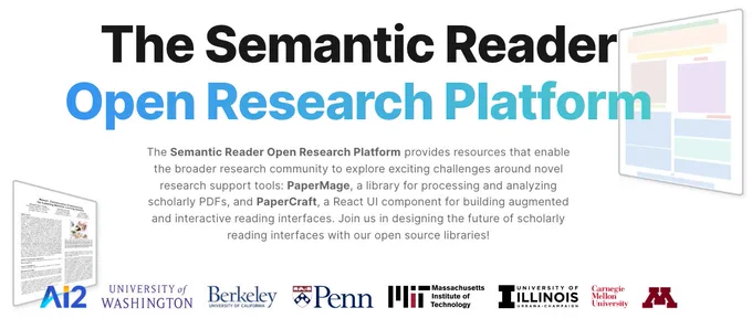 A figure with the title “The Semantic Reader Open Research Platform” and a brief description that mostly overlaps with the paragraph below. At the bottom there is a list of institutions: AI2, UW, UC Berkeley, Upenn, MIT, UIUC, CMU, and UMinnesota.