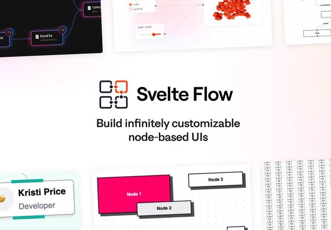 Svelte Flow - build infinitely customizable node-based UIs. 6 screenshots of different node-based apps.