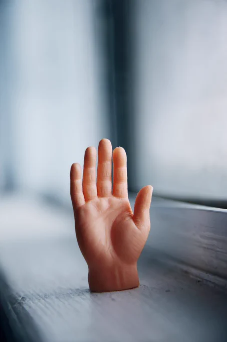 replica of a human hand sitting on a window sill