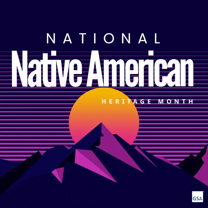 Stylized image of a sun behind a mountain range. The main colors of the mountain are black and deep purple. There are horizontal purple lines behind the sun and mountains and a headline that reads: National Native American Heritage Month