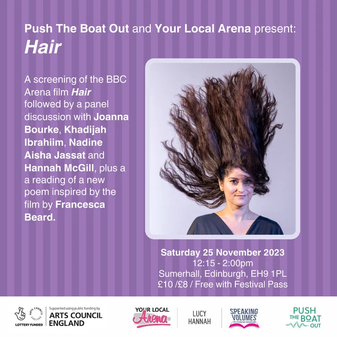 Image of Nadine Aisha Jassat for the Push The Boat Out and Your Local Arena film screening and panel talk: Hair
Photo Credit: Chris Close.