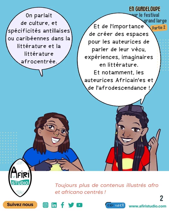Reine; On parlait de culture et spécificités antillaises ou caribéennes dans la littérature et la littérature afrocentrée.
Carine;  Et de l'importance de créer des espaces pour les auteurices de parler de leur vécu, expériences, imaginaires en littérature. Et notamment, les auteurices Africain'es et de l'afrodescendance!