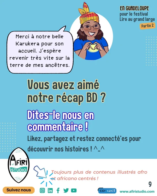  Image: Illustration de Reine Dibussi faisant le cœur avec ses doigts en souriant.
Texte: Merci à notre belle Karukera pour son accueil. J'espère revenir très vite sur la terre de mes ancêtres.