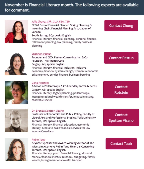 Experts available for comment for Financial Literacy Month: Julia Chung, Shannon Pestun, Gena Rotstein, Dr. Brenda Spotton Visano, Robin Taub