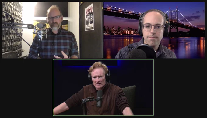 Roman Mars, Elliott Kalan, and Conan O'Brien on a Zoom call discussing the book The Power Broker