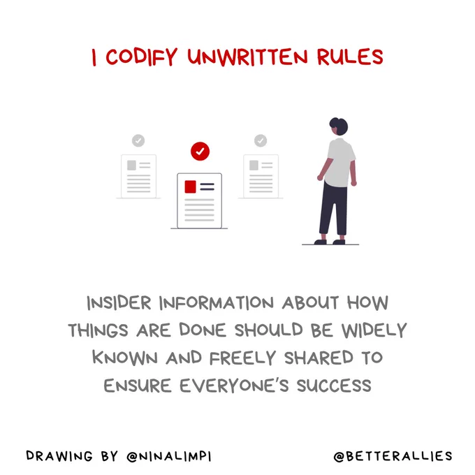 An illustration of a person of color looking at some documents appearing to pop up from a nearby surface. One document has a large red check over it, indicating it’s approved and available for people to view. The text reads “I codify unwritten rules: Inside information about how things are done should be widely known and freely shared to ensure everyone’s success.” Along the bottom it gives credit for the drawing to @ninalimpi and includes the account who created the message: @betterallies