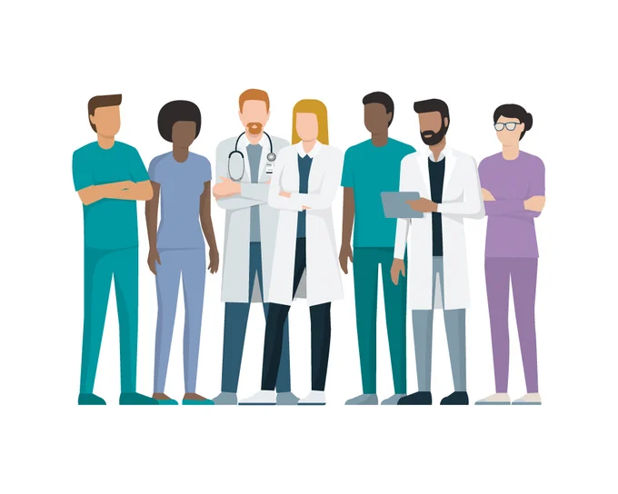illustration of a group of 7 healthcare workers.
