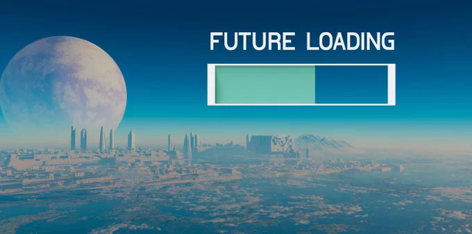 The image has a blue background with the moon in the blue sky. The copy reads Future Loading. There is an image of a white rectangle, and half of the rectangle is filled with green. A city fills the bottom of the image.