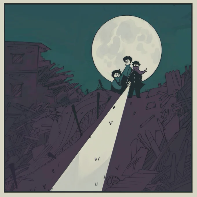 Cartoon characters - a figure wrapped in a scarf, holding a flashlight; a mother; her child, wearing dungarees. They are silhouetted against the moon. Around them lay broken, shattered buildings.
