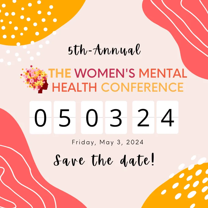 The WMHC logo with the words "5th-annual" and "save the date" accompany the date 05/03/24. There are yellow and coral design elements with white accents in the corners of the graphic.