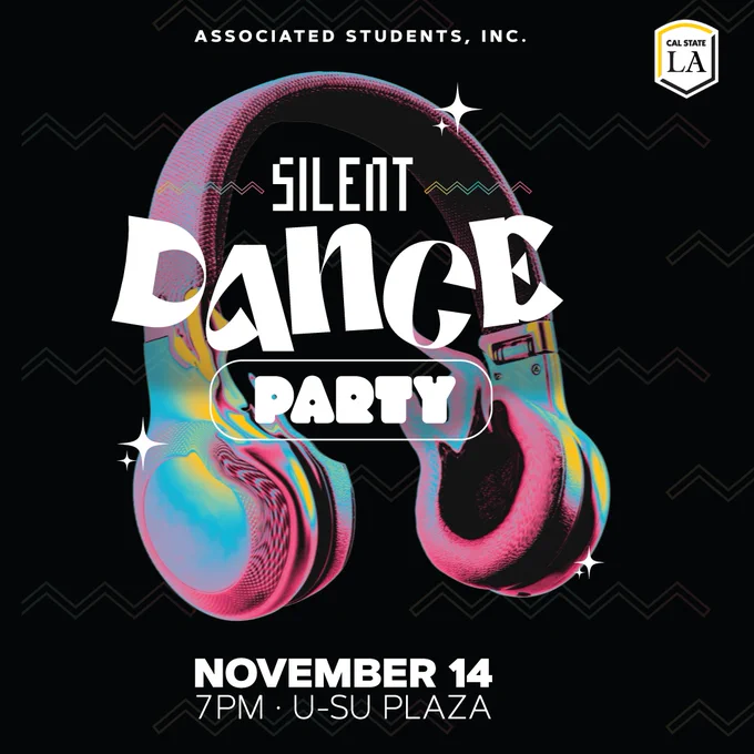 a graphic of headphones with the words: silent dance party, November 14th, 7pm USU plaza.