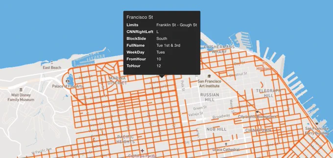map of street sweeping schedules - showing the Marina, North Beach, and Financial District. 