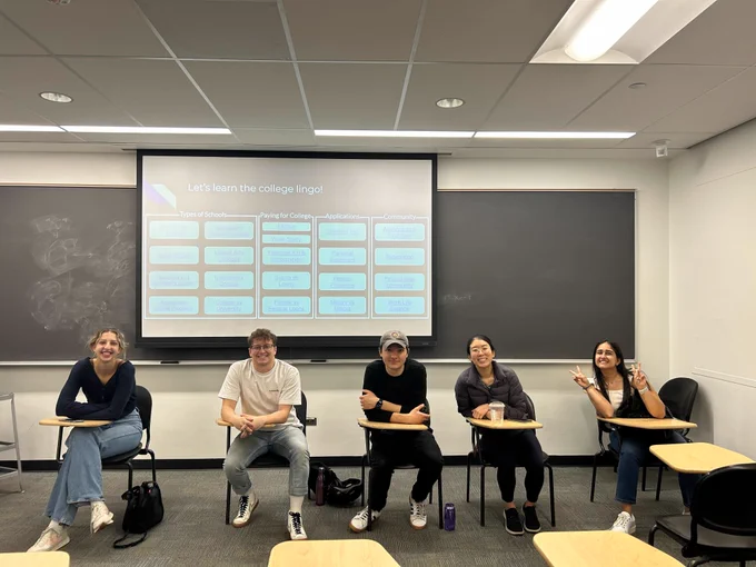 5 students sit at desks in front of a chalkboard and a screen with the projection “let’s learn the college lingo” behind it. All the panel participants are smiling.