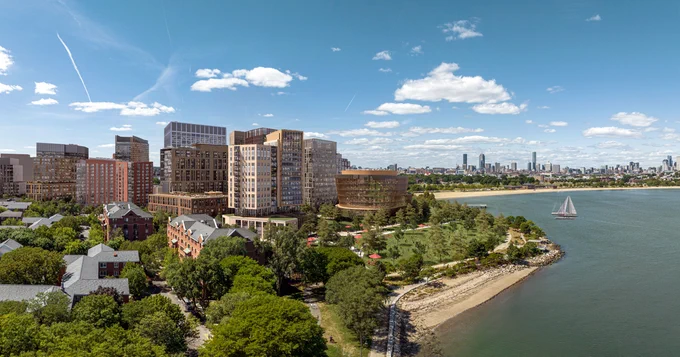 Rendering of the future Dorchester Bay development with people enjoying the amenities along the water.