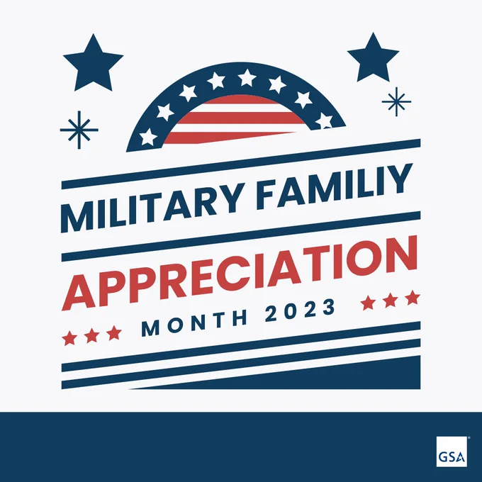 White square with blue 5-pointed stars and bunting. The headline reads: Military Family Appreciation Month 2023