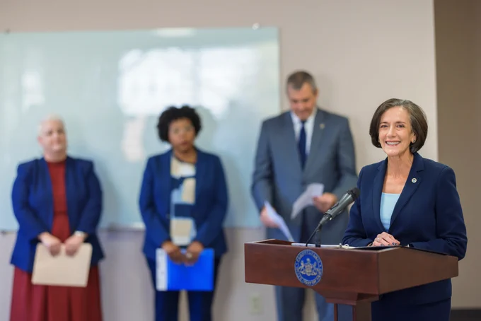 DHS Secretary Dr. Val Arkoosh speaks during the LIHEAP announcement event