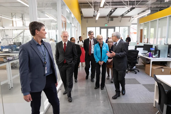 Jennifer M. Granholm, Secretary, U.S. Department of Energy, is lead by Steve Eglash, Interim Chief Research Officer, as she visits the Battery & Catalysis Laboratories at SLAC National Accelerator Laboratory on Thursday, Oct. 26, 2023, in Menlo Park, Calif. (Photo by Jim Gensheimer)