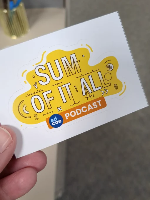 Yellow sticker "Sum of it all", blue circle "SDCOE," orange highlighted box "podcast"
