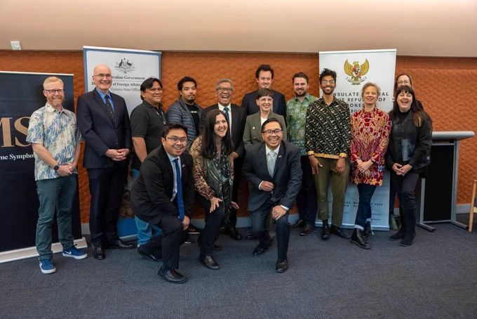DFAT staff with the Indonesian Consul General and MSO staff and musicians. Photo taken by MSO