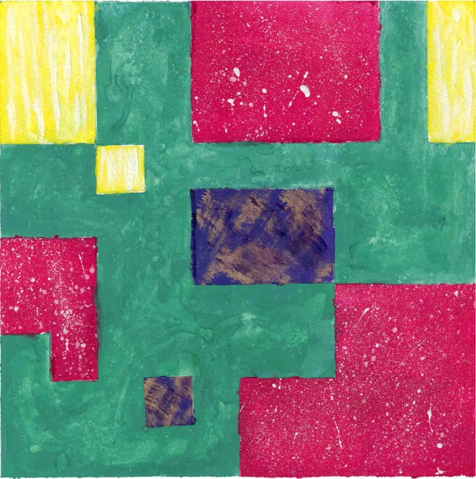 A ten by ten painting covered by the following colors: 
- Yellow (a 2x3 rectangle, a 1x3 rectangle and a 1x1 square)
- Blue (a 2x3 rectangle and a 1x1 square)
- Red (a 3x4 rectangle, a 2x2 square with a 1x1 square attached to it, and a 3x4 rectangle with a 2x2 square attached to it)
- The rest of the square is a greenish/teal color. 

The painting was created by Sarah Lonberg-Lew. 